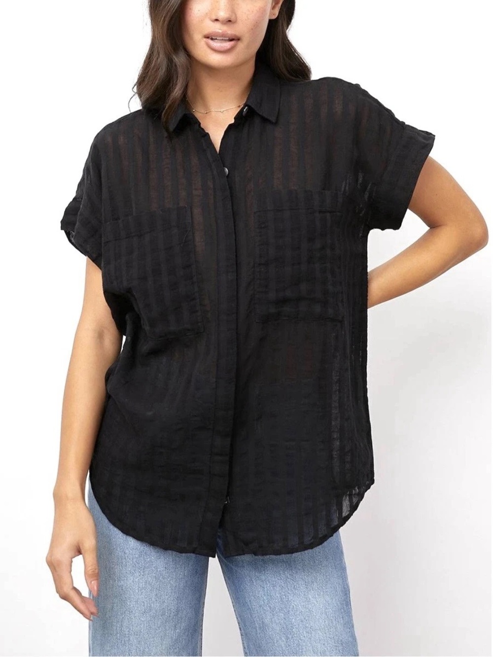 Rails Cito Black Shadow Stripe Short Sleeve Button Up Top Size Large L